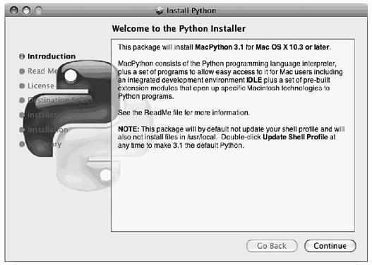 ) Dál se posuneme stiskem tlačítka Continue. Následující stránka dialogu obsahuje některé důležité informace: Python vyžaduje Mac OS X 10.3 nebo novější.
