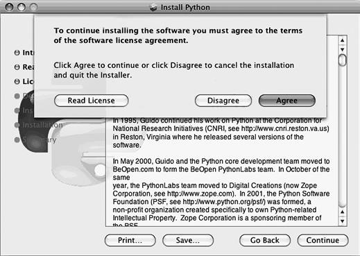 0.4. Instalace pod Mac OS X Abyste mohli instalaci dokončit, musíte kvůli manýrům v jádru applovského instalátoru projevit souhlas se softwarovou licencí.