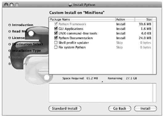 0.4. Instalace pod Mac OS X Pokud zvolíte uživatelskou úpravu instalace (Custom Install), nabídne vám instalátor následující seznam: Python Framework. Jde o jádro Pythonu.