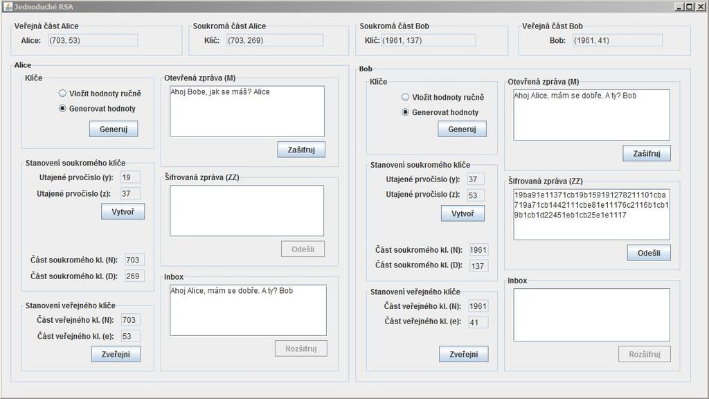 5.3 RSA 31 Obr. 6: Screenshot programu Jednoduché RSA Tab. 5: Eva faktorizuje 403 Krok číslo Prvočíslo p 403 mod p =? (p = 0) 403 div 13 =?