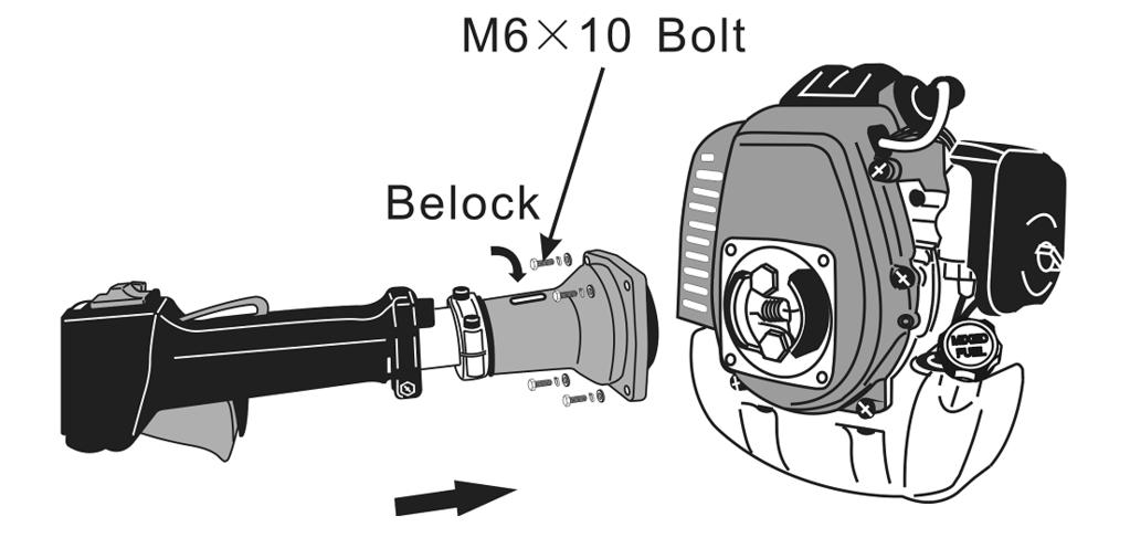 1. OBECNÝ POPIS ČÁSTÍ 1. Motor 5. Držák tyče rukojeti 9. Těleso převodovky 2. Závěs 6. Tyč rukojeti 10. Řezný nástroj 3. Vzduchový filtr 7. Hřídel 4. Spínač 8. Kryt 2. MONTÁŽ 2.