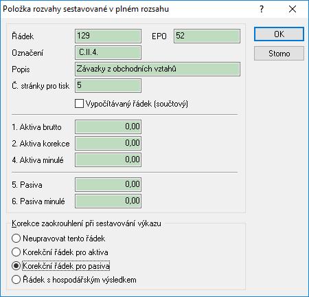 2. Vybrat řádek pro automatickou korekci a nastavit příznak (dle kontextu řádku a výkazu) tedy zvolit, který řádek má systém upravit, kde přidat či ubrat