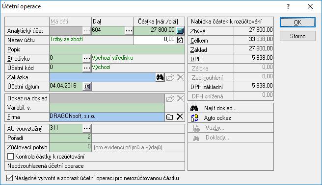 oblast Nabídka částek k rozúčtování obsahují informace z dokladu, nejsou editovatelné, položky Má dáti, Dal a Částka, slouží k zadání příslušných údajů buď ručně nebo pomocí ikony výběrem z účtového