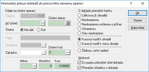 Zde je nutné zadat účet, stranu MD či D (u pohledávek D, u závazků MD jedná se o úhradu), zvolit měnu, vyplnit množství a kurz a vybrat, zda se jedná o kurzový rozdíl k