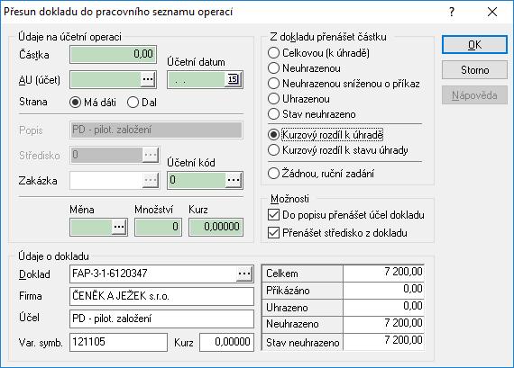 o nebo je možné přenášet doklady po jednom, pomocí mezerníku, klávesy Enter nebo poklepáním, kdy se objeví okno: kde je nutné vyplnit náležitosti zmiňované v předchozím