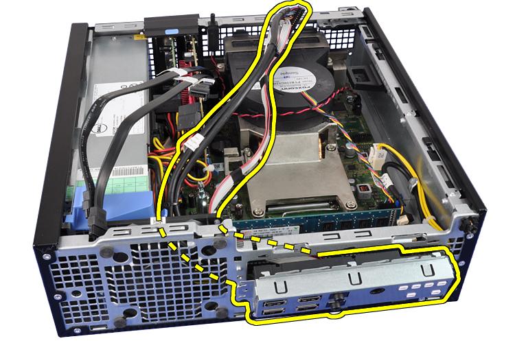 8. Vysuňte desku I/O k pravé straně počítače. Tím ji uvolníte ze skříně. 9. Vyjměte panel I/O. Související odkazy Montáž panelu (I/O) Montáž panelu (I/O) 1.