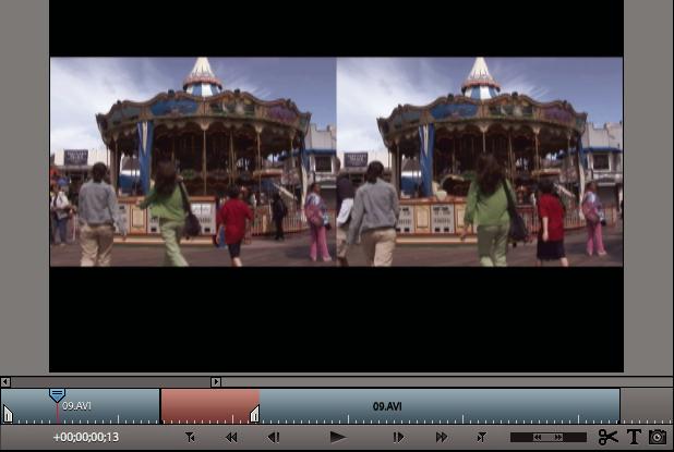 Střih klipů 114 Klip se zobrazí na panelu Monitor a je znázorněn na malé časové ose, která rovněž zobrazuje název příslušného souboru.