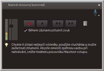 Přidání a míchání zvuku 244 A B C D E F G H Záznam mluveného komentáře A. Indikátor hlasitosti B. Posuvník úrovně hlasitosti vstupu C. Nahrát D. Přehrát E.