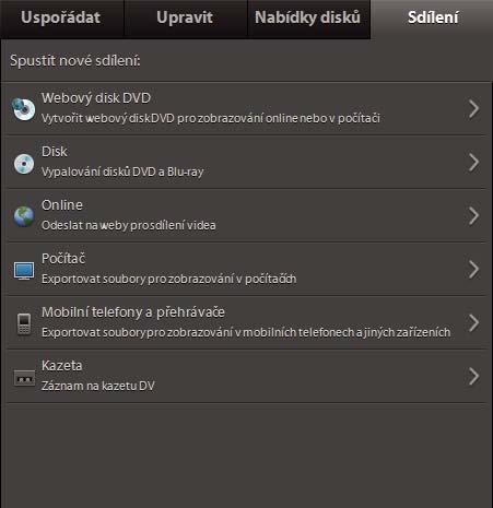 265 Kapitola 15: Ukládání a sdílení filmů Filmy, statické obrazy a zvuk můžete exportovat do různých typů souborů pro web, mobilní zařízení, videokazety, disky Video CD a Super Video CD.