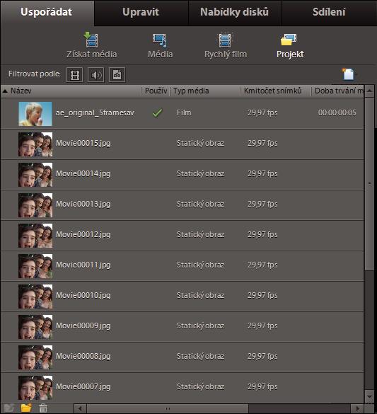 Ukládání a sdílení filmů 273 Sekvence statických obrazů importovaná do zobrazení Projekt zobrazující sekvenční číslování názvů souborů.