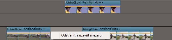 Uspořádání klipů ve filmu 94 Odstranění prázdného místa mezi klipy v časové ose Pomocí příkazu Odstranit a uzavřít mezeru (nebo stisknutím kláves Delete nebo Backspace) můžete rychle odstranit