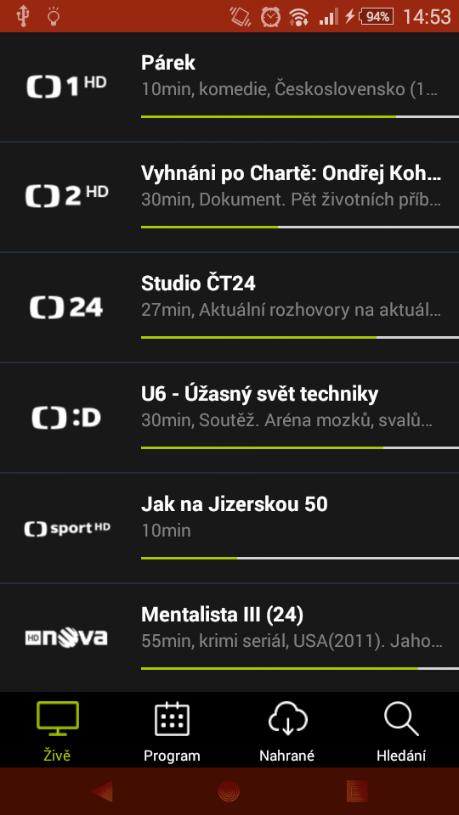 Obr. 6: Seznam aktuálních pořadů v nabídce Živě Ten můžete