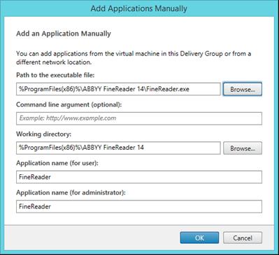 4.2.Manually (Ručně...) Pokud je na vybraných serverech k dispozici ně kolik adresářů s aplikacemi, vyberte v okně Working directory (Pracovní adresář) adresářs aplikací ABBYY FineReader 14.