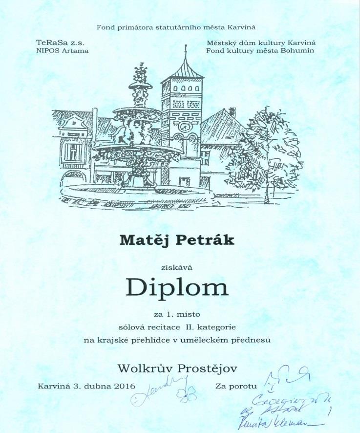 Recitační soutěž Wolkrův Prostějov V prvním dubnovém víkendu se zúčastnil Matěj Petrák (NA3) krajského kola recitační soutěže Wolkrův Prostějov a získal 1. místo ve své kategorii a také Cenu diváků.