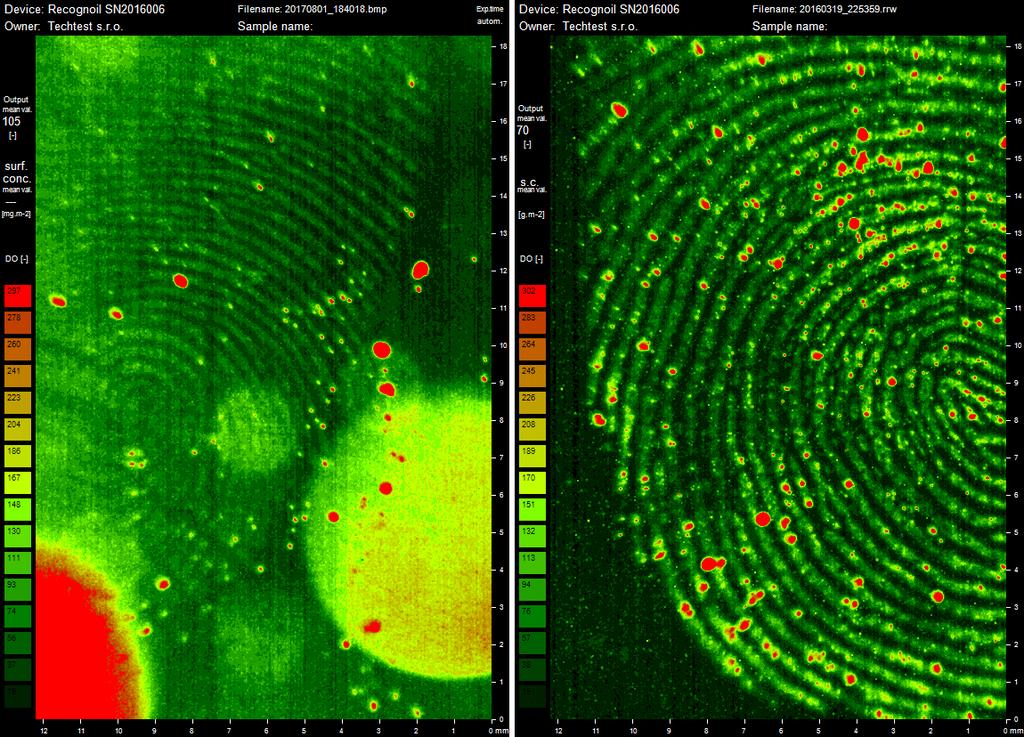 5.2 Detekce daktyloskopických stop Záznam daktyloskopické stopy vzniká na základě kontrastu mezi fluorescenčními látkami v otisku a základním materiálem, ve kterém vlivem budícího záření k