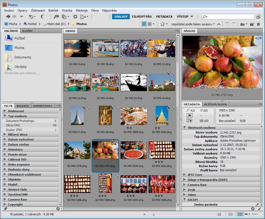 Adobe Bridge 6 Pracovní plocha Pracovní plocha přehled Pracovní plocha aplikace Adobe Bridge se skládá ze tří sloupců (nebo panelů), které obsahují různé panely.