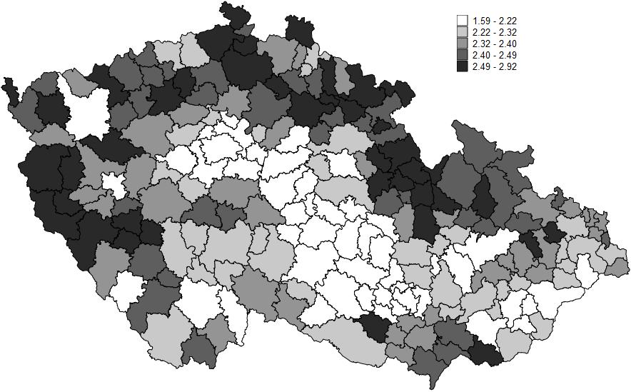 Při analýze výsledků ve druhém kole měl regresní model koeficient determinace 0,56.