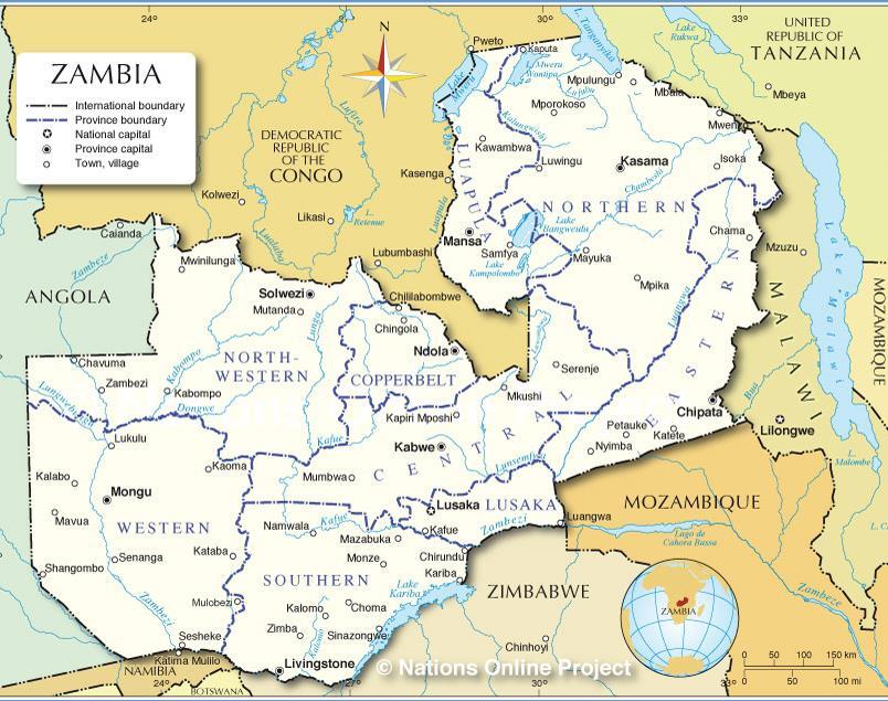 Zambie - info Region: jižní Afrika Sousedé: Angola, DRC, Tanzanie, Malawi, Mosambik, Zimbabwe, Botswana, Namibie Rozloha Zambie: 753 tis.