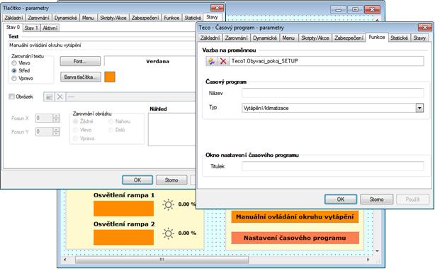 Tvorba vizualizačního projektu Obr. číslo 19 - Vizualizace a ovládání okruhu vytápění Pro práci s časovými programy v PLC Tecomat slouží komponenta typu Teco - Časový program (obr. číslo 19).