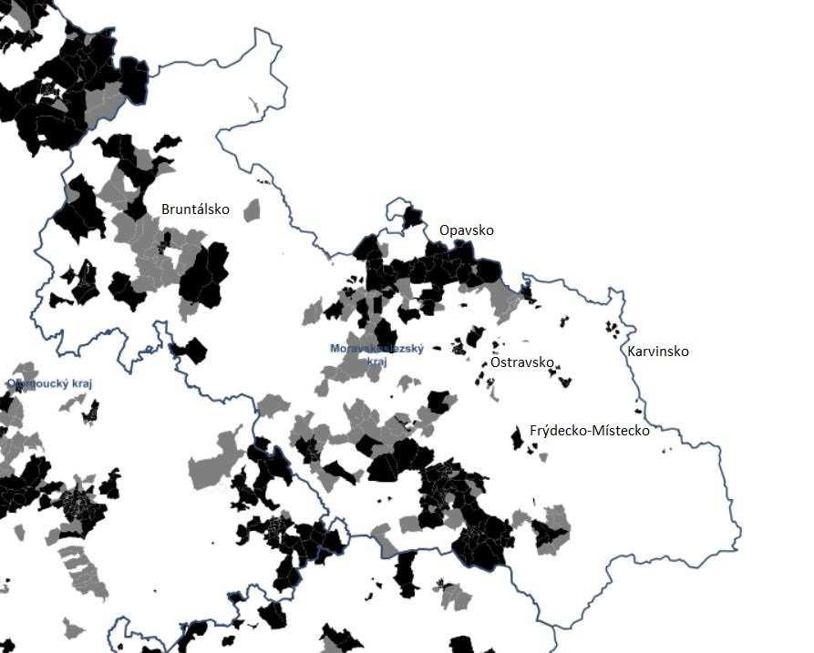 Obrázek 3 Mapa pokrytí NGA (všechny technologie, 30 100 Mbit/s) Moravskoslezského kraje, stav k 31. 12. 2015 6.