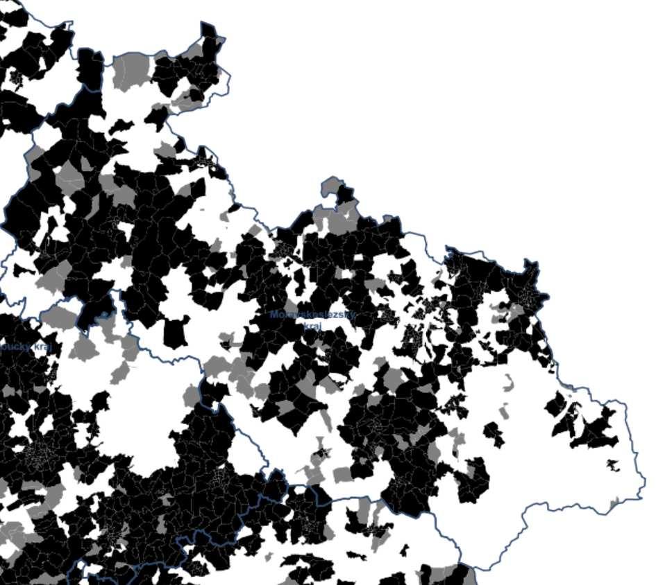 Obrázek 4 Výhledová mapa pokrytí NGA (všechny technologie, 30 100 Mbit/s) Moravskoslezského kraje, předpokládaný stav k 31. 12. 2018 7.