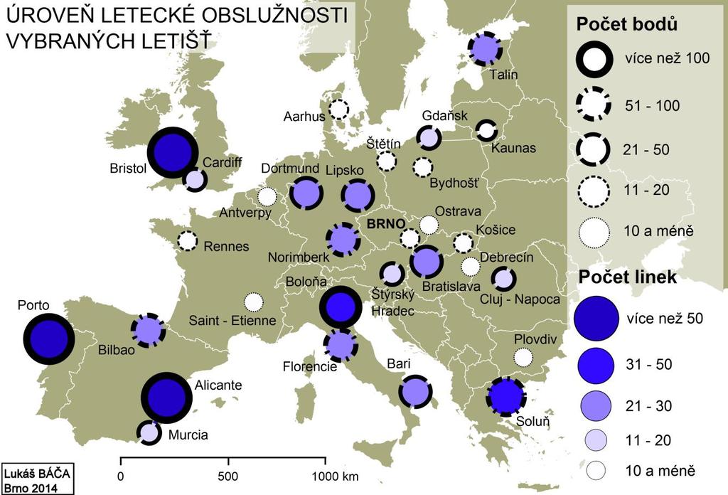 4. KOMPARACE LETECKÉ OBSLUŽNOSTI BRNA A DALŠÍCH VELIKOSTNĚ I VÝZNAMOVĚ PODOBNÝCH MĚST Výsledky komparace potvrzují domněnky o tom, že dopravní obslužnost Brna je při srovnání měst podobné velikosti a