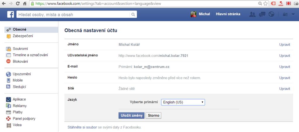 Změna jazyku na Facebooku v obecném nastavení účtu: Pro inspiraci uvádím