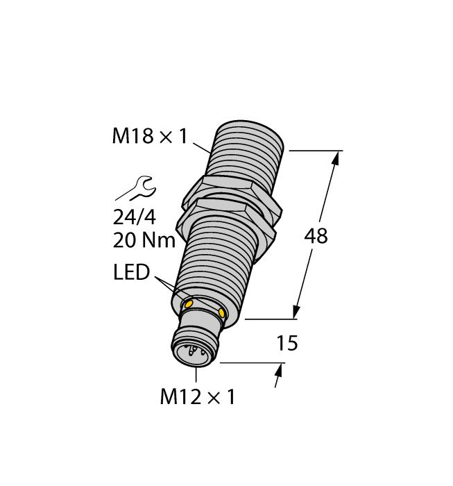 hladké čelo akustického měniče závitové pouzdro M18, zalité připojení konektorem M12x1 teplotní kompenzace mrtvá zóna: 15 cm rozsah: 100 cm rozlišení: 1 mm vyzařovací úhel: 16 Spínací výstup PNP