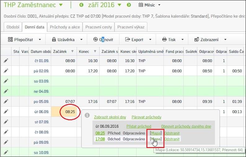 Varianta 2 1. Otevřete osobní výkaz konkrétní osoby a přepněte na záložku Denní data. 2. Umístěte kurzor myši v daném dnu na sloupec Začátek/Konec. 3.