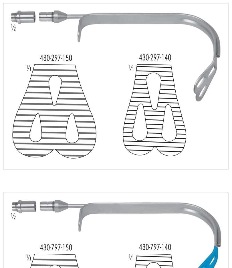 Nástroje pro plastiku prsu háky 430-297-140 30 mm šířka lopaty 430-297-150 40 mm šířka lopaty SCULPO bez světlovodu, jemné zoubkování, 150 mm 430-497-140