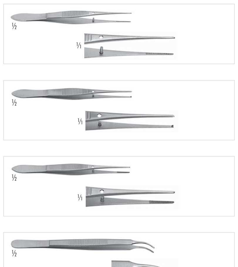 Pinzety 130-490-100 rovná 130-491-100 mírně zahnutá 130-492-100 silně zahnutá RZ jemná, anatomická, 100 mm, šířka 0,7 mm,