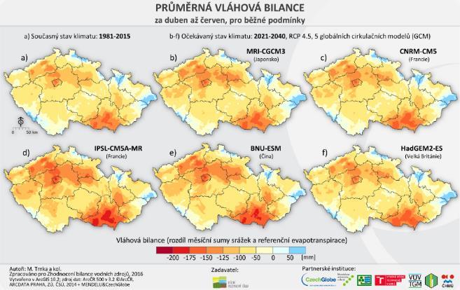 Obrázek X Vláhová bilance za období duben-červen pro běžný rok pro současné a očekávané klima (na základě 5 reprezentativních globálních cirkulačních modelů) pro emisní scénář RCP 4.