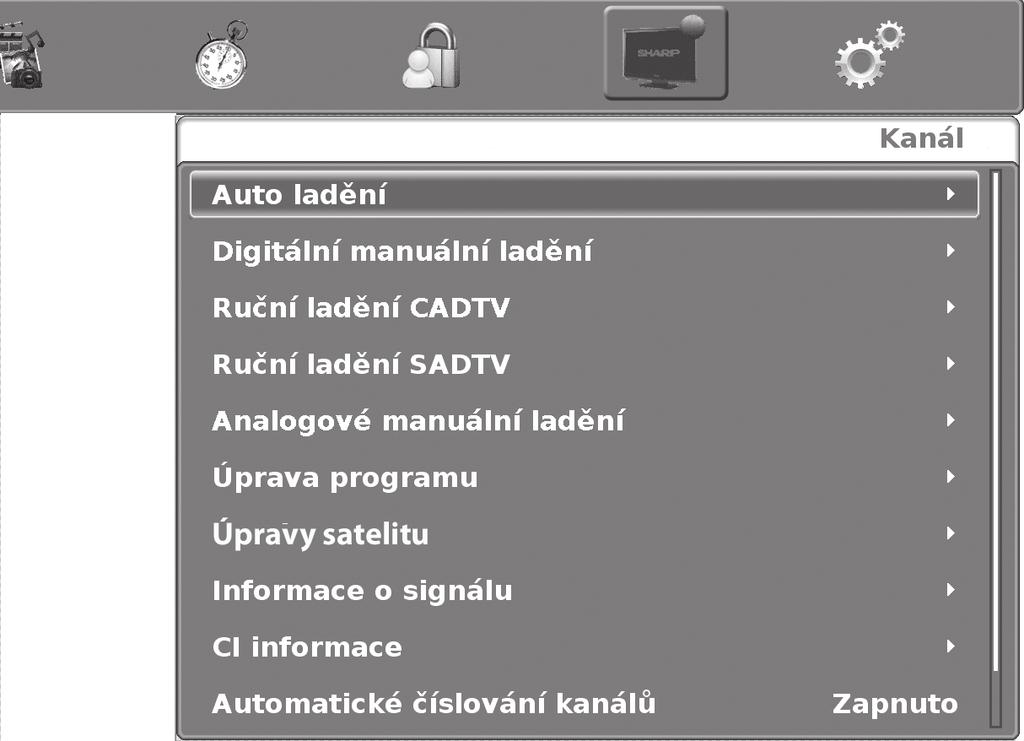 3 Přejděte do volby Spustit vyhledávání a stiskněte tlačítko OK. Kanál Nastavení kanálů Umožňuje změnu nastavení kanálů po dokončení počátečního automatického ladění.