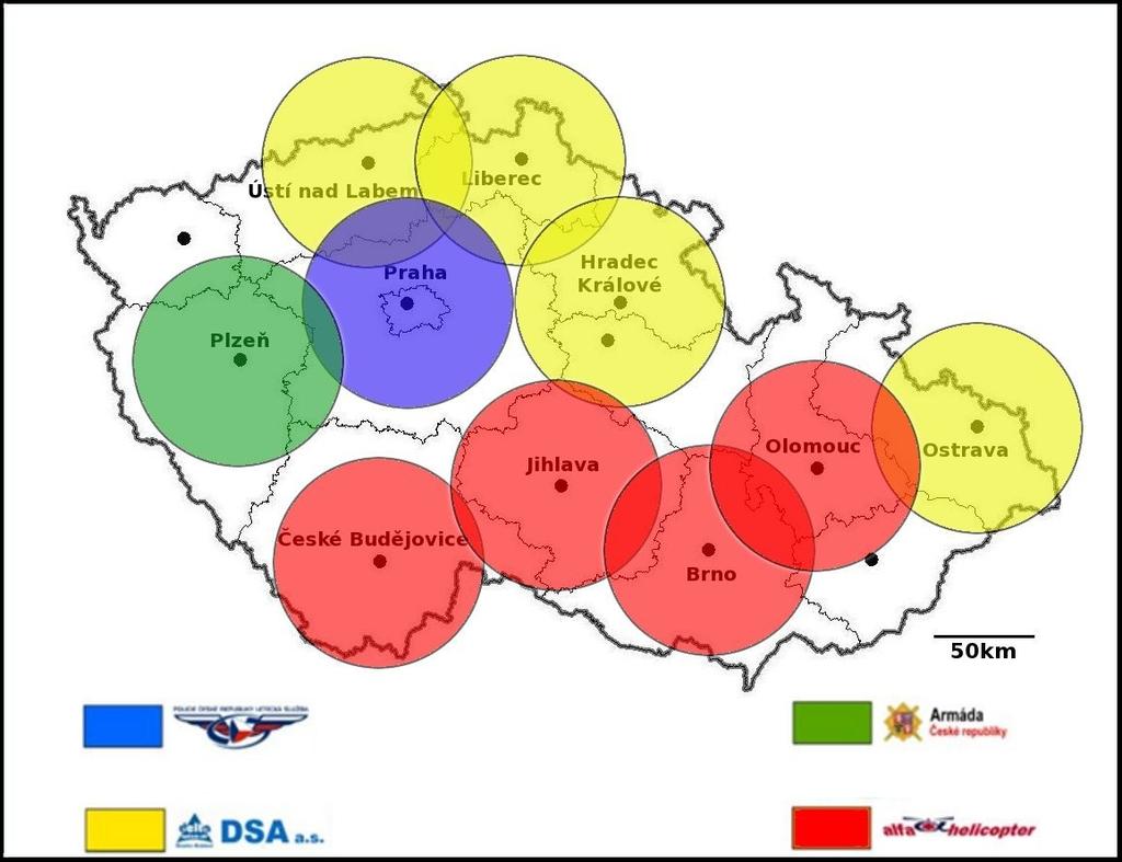 Každé středisko letecké záchranné služby bylo zřizováno tak, aby mělo akční rádius, což znamená oblast, která je letecky pokrytá přibližně 50 70 km.