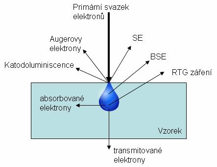 Interakce elektronů absorbované elektrony (50-90%) Zpětně odražené elektrony (pružné srážky, vysoká energie, BSE)