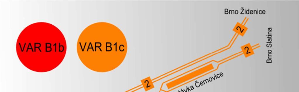 Studie proveditelnosti železni ního uzlu Brno Základní koncepce ešení variant B1b, B1c Skupina t chto dvou alternativ ešení varianty B uvažuje zapojení trati ve sm ru P erov v podob realizace nové