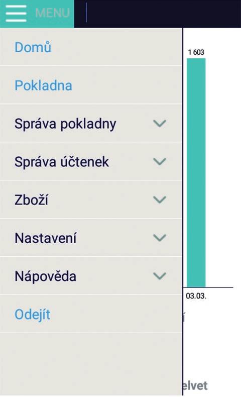 Mobilní ekasa a mobilní ekasa Air návod k použití Vysvětlení jednotlivých položek Menu Kliknutím na ikonu MENU v levém horním rohu se Vám vyroluje nabídka dalších funkcí, možností a nastavení.