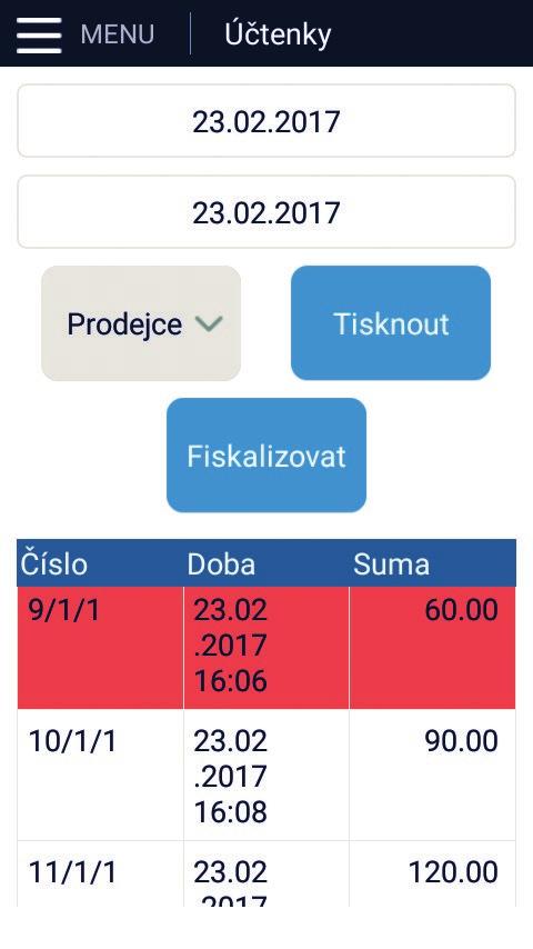 Mobilní ekasa a mobilní ekasa Air návod k použití Správa účtenek a faktur Účtenky V reportu účtenek je možné najít veškeré účtenky, které byly na dané kase vytvořeny.