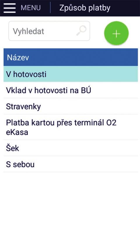 Mobilní ekasa a mobilní ekasa Air návod k použití Způsoby platby Při výběru způsobu platby můžete volit mezi hotovostí, šekem, bankovním převodem a různými typy platebních karet, v případě potřeby