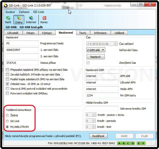 3. Z mobilního telefonu pošlete SMS příkaz: STATUS na číslo SIM karty v zařízení. 4. Komunikátor odpoví zprávou typu: STAV: A0,B0,C0,D0,X0,Y0, GSM:80%, Vcc:12.