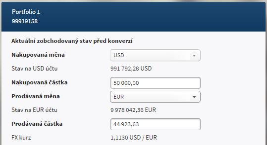 Konverze měny levá strana Přiklad konverze měn Pravá část obsahuje v záhlaví identifikační údaje o portfoliu tedy jeho název a identifikační číslo.