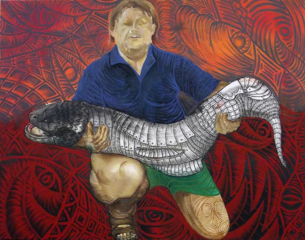 Man With Armored Catfish, kombinovaná technika na plátně, 140x110cm,