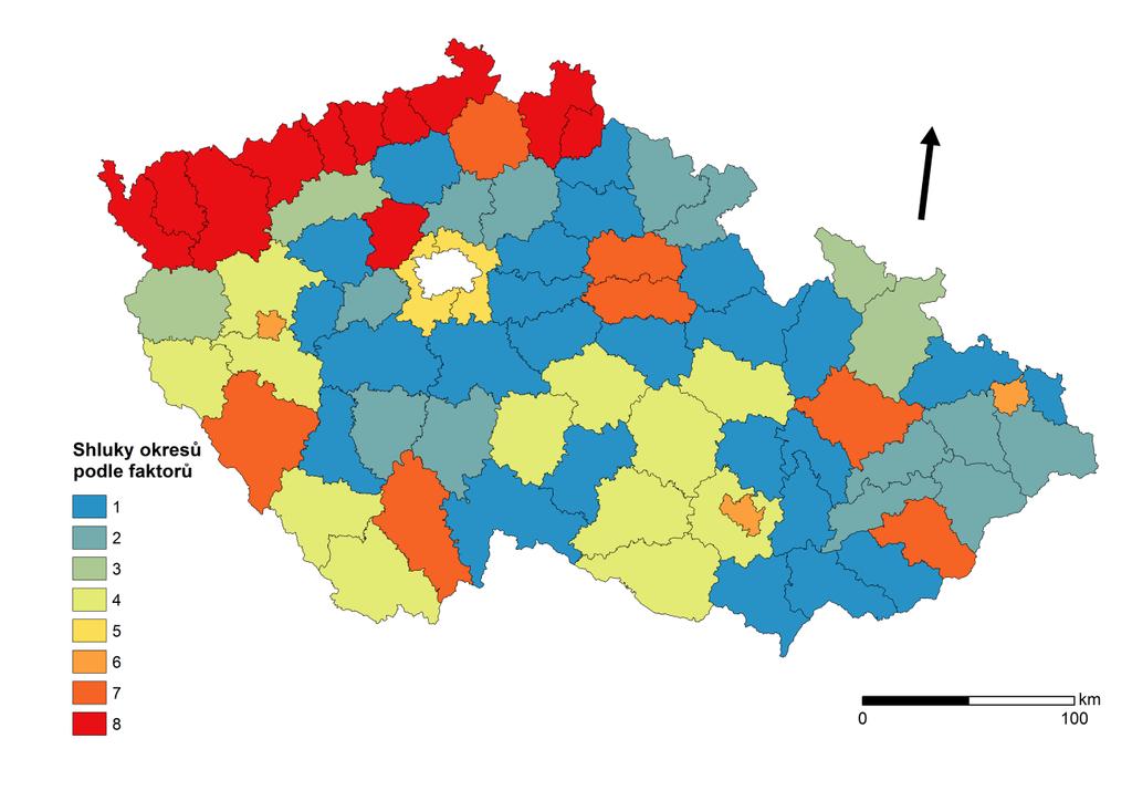 Markéta Růžičková: Regionální diferenciace obyvatelstva ČR podle náboženského vyznání 42 Výsledné rozdělení okresů do shluků znázorněné v dendrogramu je možné vidět v příloze 4, jednotlivé shluky