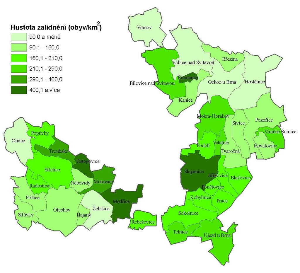 Obr. 8 Husoa zalidnění (poče obyvael na km 2 ) v ORP Šlapanice k 31.12.2011(Zdroj: ČSÚ, ArcČR 500, zpracování vlasní).