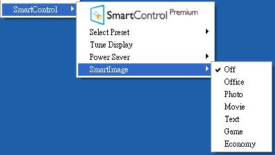 Context Menu (Místní nabídka) obsahuje čtyři položky: SmartControl Premium - po výběru se zobrazí obrazovka About (O aplikaci).