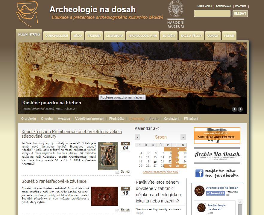 8.2.9. Komunikační kanály Archeologie na dosah Webový portál Archeologie na dosah www.archeologienadosah.
