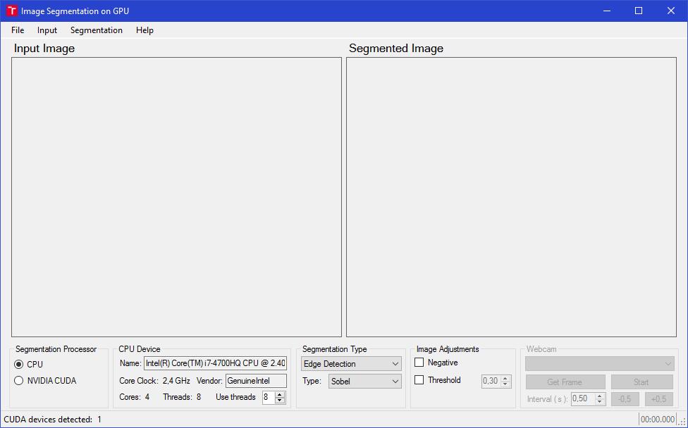 4 APLIKACE PRO SEGMENTACI OBRAZU POMOCÍ GPU Cílem práce je napsat aplikaci v jazyce C++ s podporou pro technologii NVIDIA CUDA, ve které bude možnost načtení obrazu ze souboru a kamery, výběr