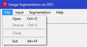 Menu aplikace je rozdělené do čtyř částí, File, Input, Segmentation a Help. Každá z těchto položek obsahuje podpoložky.