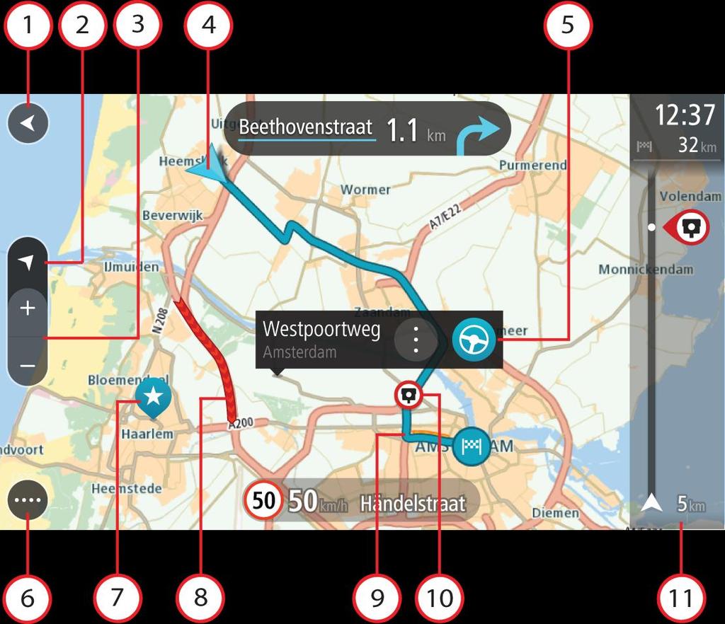 Co je na obrazovce Zobrazení mapy Zobrazení mapy je vidět, když nemáte žádnou naplánovanou trasu. Jakmile zařízení najde pozici GPS, zobrazí se vaše aktuální poloha.