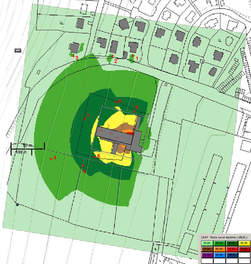 Obr. 10.2 Hluková mapa od provozu vzduchotechniky v nové hale 11. Hygienické limity - venkovní prostor Dle nařízení vlády č. 272/2011 Sb., lit.